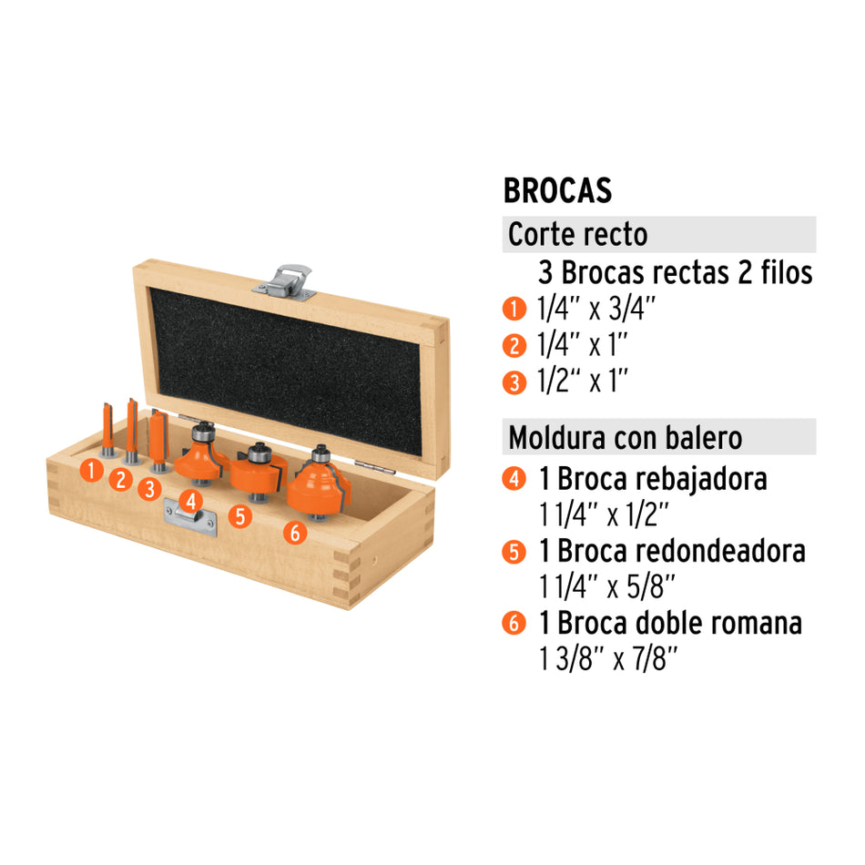 Juego de Fresas Truper JBROU-6 X 6pz + Llave + Estuche