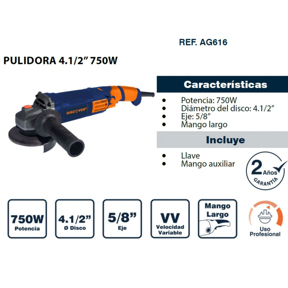 Pulidora Discover AG616 4-1/2 750w 11000rpm