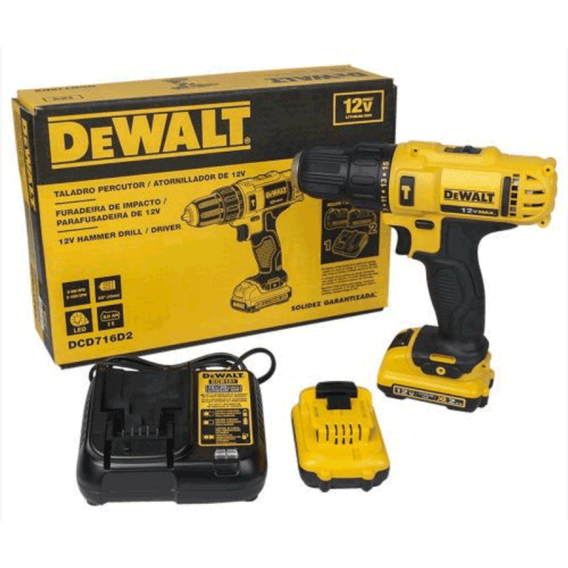 Taladro Percutor Inalámbrico 3/8" 12V Máx DCD716D2 DeWalt + 2 BAT + CARG + EST